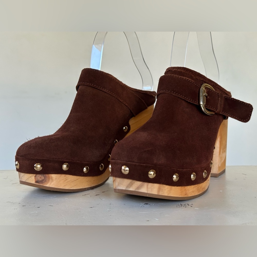 Steve Madden Hilde Brown Suede Wood Mule Clogs Women's Size 8.5 M